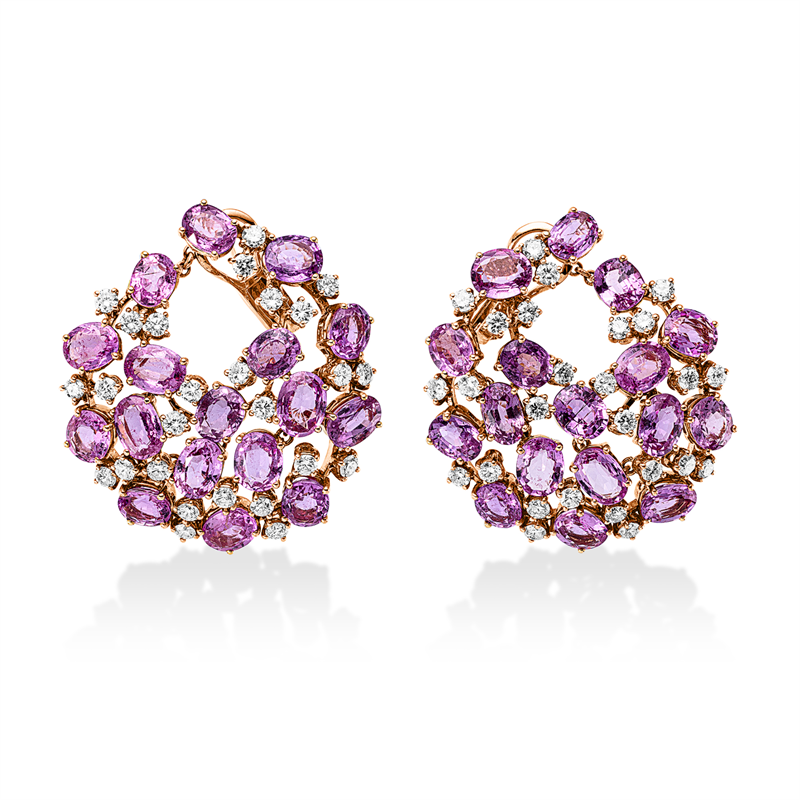 Ohrschmuck 18 kt RG, 52 Brill. 3,91 ct, TW-si, 34 Saphire 36,44 ct pink