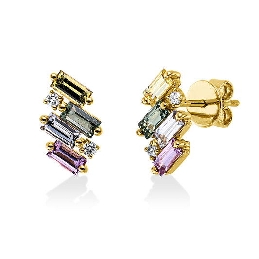 Ohrstecker 18 kt GG, 4 Brill. 0,06 ct, I-si/pi, 6 Saphire 0,77 ct multicolor, 2 Saphire 0,35 ct blau