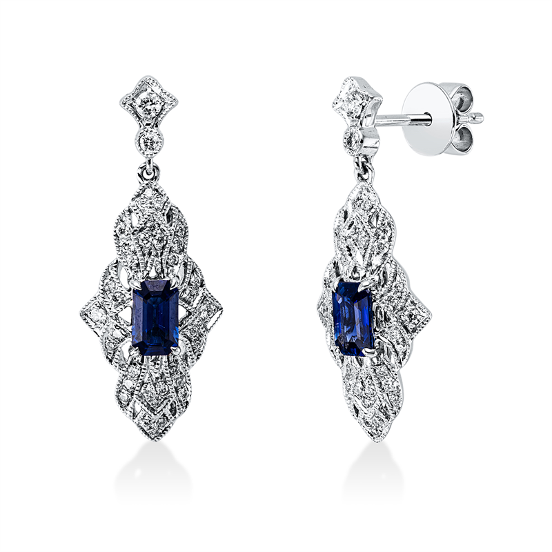 Ohrschmuck 18 kt WG, 72 Brill. 0,24 ct, TW-si, 2 Saphire 0,58 ct blau