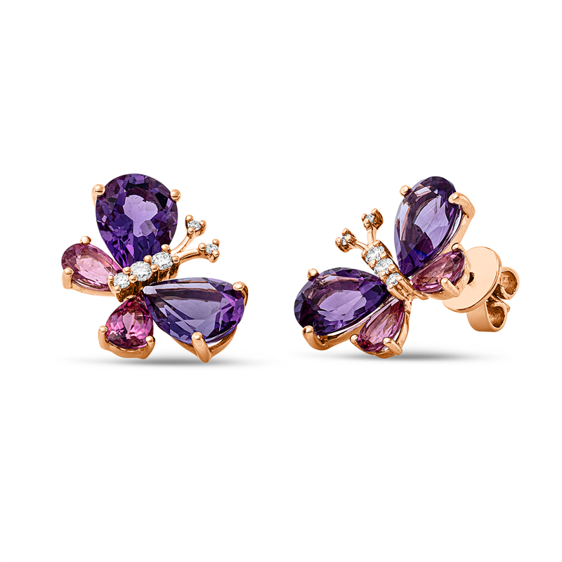 Ohrstecker 18 kt RG, 10 Brill. 0,17 ct, TW-si, 4 Amethyste 5,90 ct lila, 4 Turmalin 1,60 ct pink