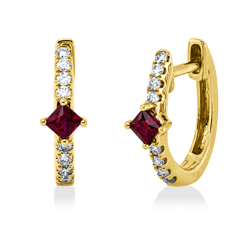 Creolen 18 kt GG, 16 Brill. 0,14 ct, TW-si, 2 Rubine 0,22 ct rot
