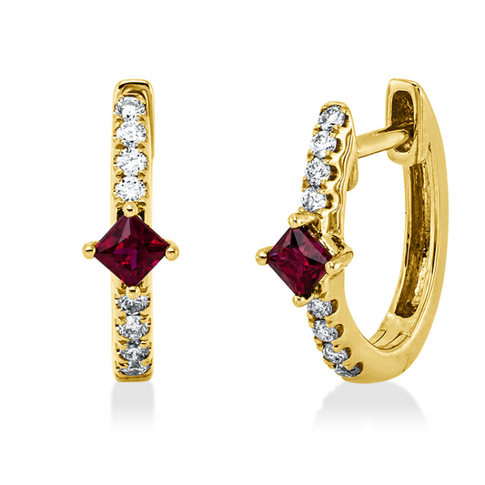 Creolen 18 kt GG, 16 Brill. 0,14 ct, TW-si, 2 Rubine 0,22 ct rot