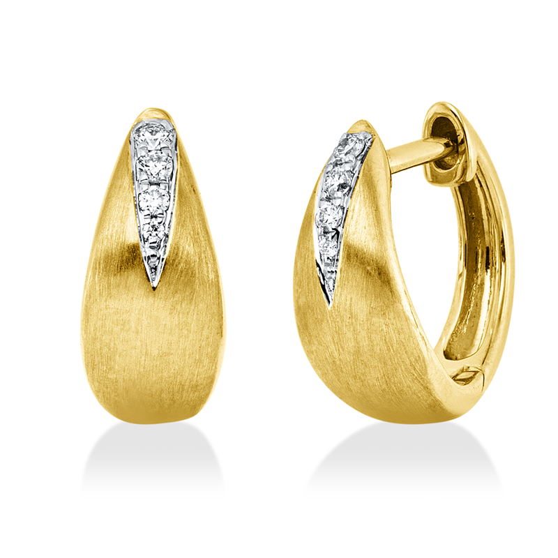 Creolen 14 kt GG, Fassung rhodiniert, mattiert, 8 Brill. 0,06 ct, W-si