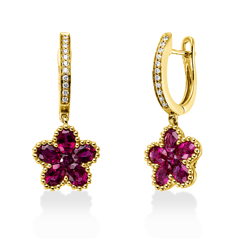 Ohrschmuck 14 kt GG, 22 Brill. 0,08 ct, TW-si, 2 Rubine 0,14 ct rot, 10 Rubine 2,06 ct rot
