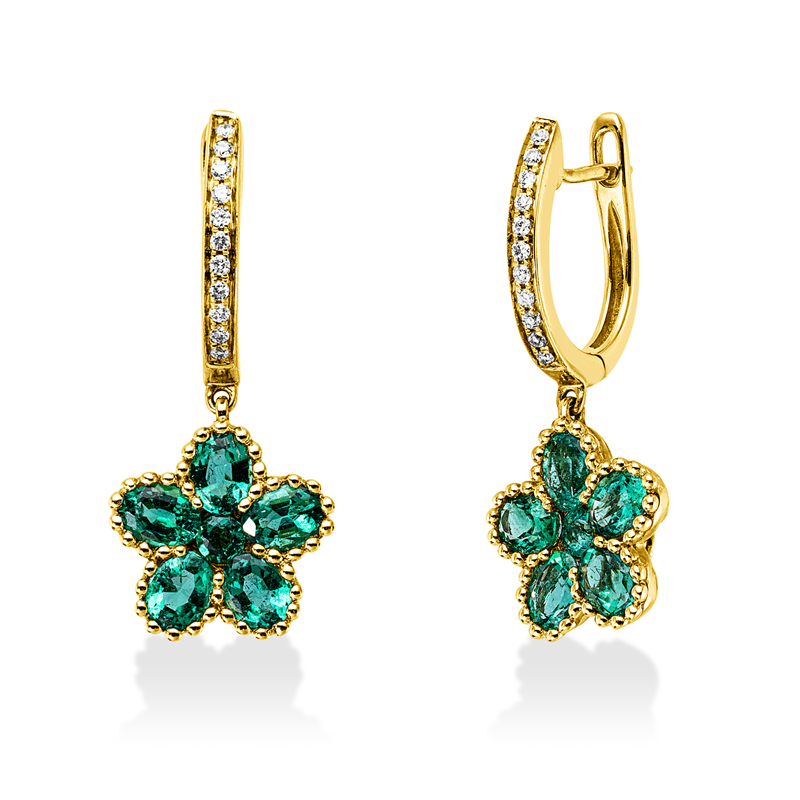 Ohrschmuck 14 kt GG, 22 Brill. 0,10 ct, TW-si, 2 Smaragde 0,11 ct grün, 10 Smaragde 1,74 ct grün