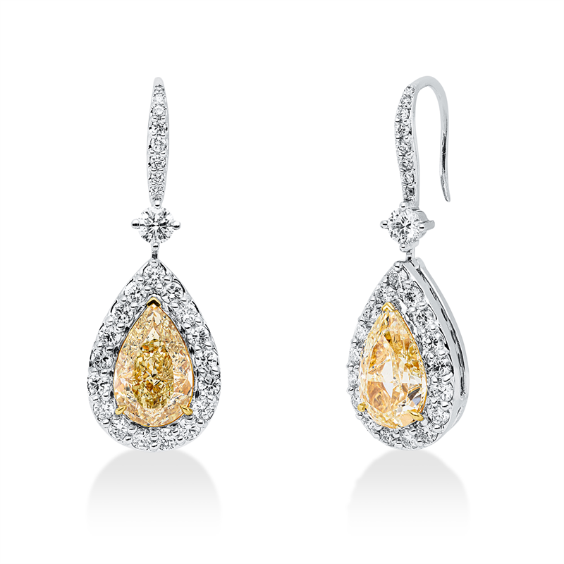Ohrhänger 18 kt WG+GG, 2 GIA, 2 Tr 4,05 ct, gelb-si1, 2 Brill. 0,16 ct, TW-si, 50 Brill. 1,00 ct, TW-si