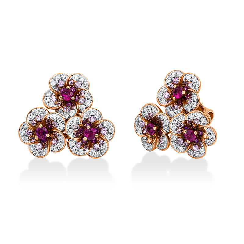 Ohrstecker 18 kt RG+WG, 90 Brill. 0,54 ct, TW-vsi, 90 Saphire 0,75 ct pink, 6 Rubine 0,38 ct rot