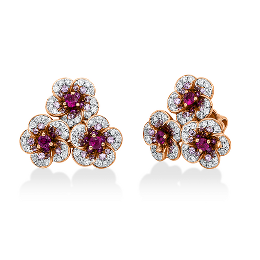 Ohrstecker 18 kt RG+WG, 90 Brill. 0,54 ct, TW-vsi, 90 Saphire 0,75 ct pink, 6 Rubine 0,38 ct rot