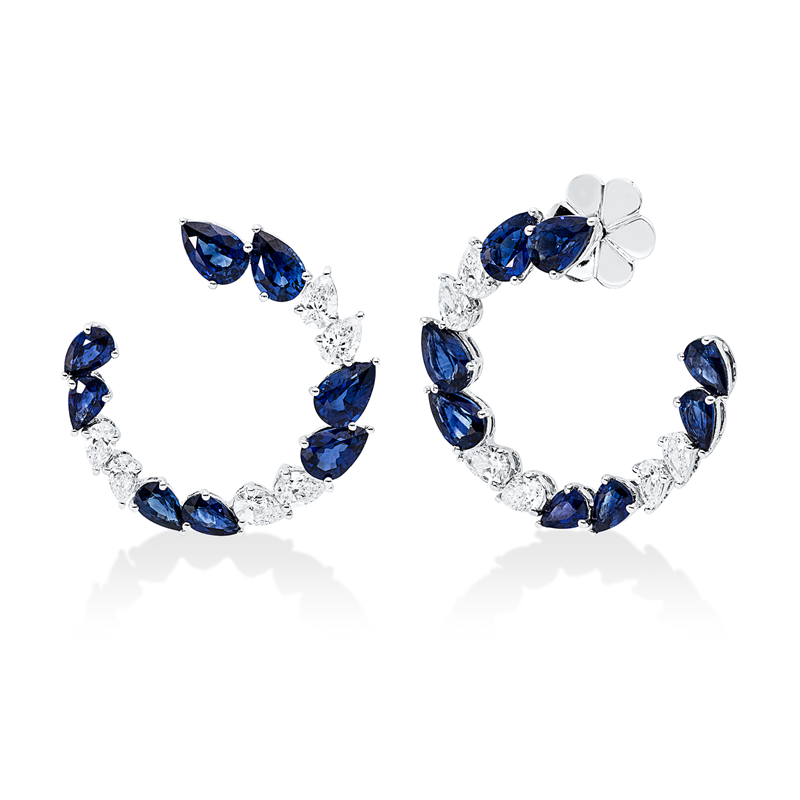 Ohrstecker 18 kt WG, 8 Tropfen 1,16 ct, TW-si, 4 Tropfen 0,35 ct, TW-si, 16 Saphire 5,85 ct blau