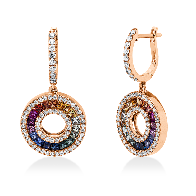 Ohrschmuck 18 kt RG, 116 Brill. 0,66 ct, TW-si, 18 Brill. 0,28 ct, TW-si, 36 Saphire 2,31 ct multicolor