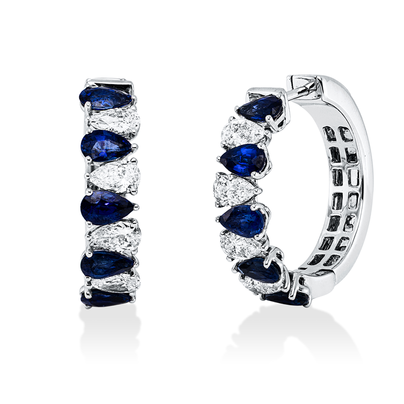 Creolen 18 kt WG, 8 Tropfen 1,25 ct, TW-si, 10 Saphire 2,72 ct blau