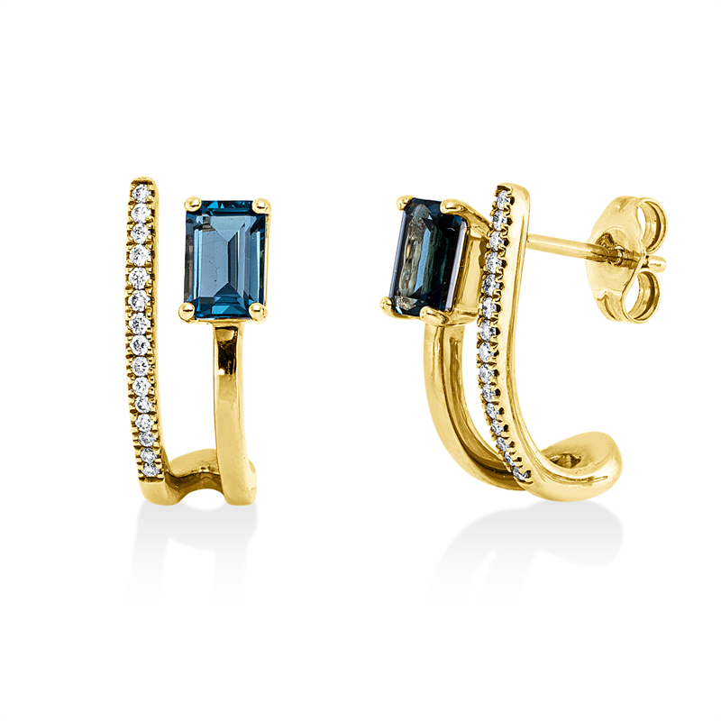 Ohrschmuck 14 kt GG, 30 Brill. 0,15 ct, W-si/pi, 2 Topase 1,42 ct Lond. blue
