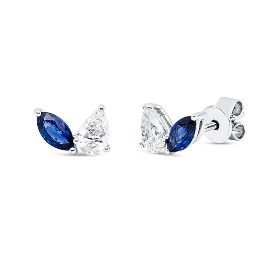 Ohrstecker 18 kt WG, 2 Tropfen 0,30 ct, F-si, 2 Saphire 0,91 ct blau