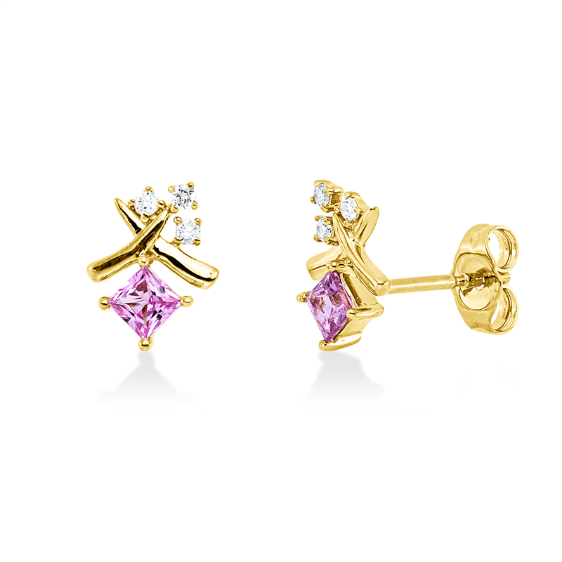 Ohrstecker 14 kt GG, 6 Brill. 0,07 ct, W-si/pi, 2 Saphire 0,42 ct pink