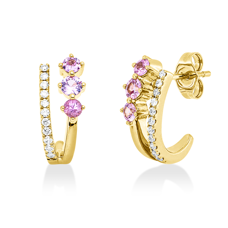 Ohrstecker 14 kt GG, 22 Brill. 0,16 ct, W-si/pi, 2 Saphire 0,25 ct pink, 4 Saphire 0,37 ct pink