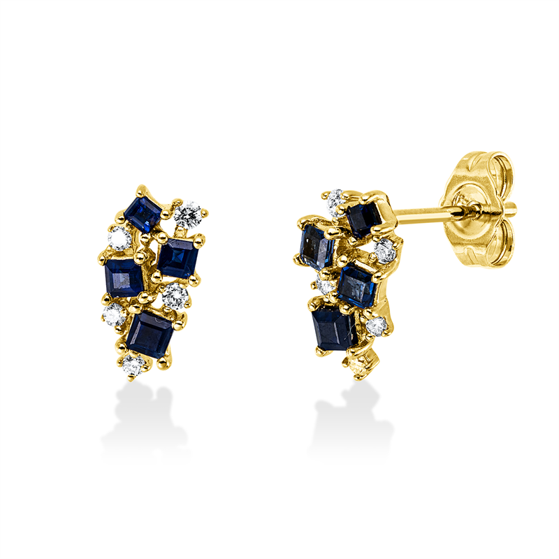Ohrstecker 14 kt GG, 10 Brill. 0,12 ct, W-si/pi, 8 Saphire 0,57 ct blau