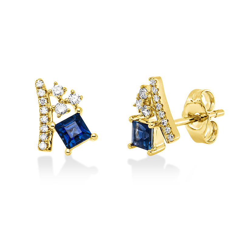 Ohrstecker 14 kt GG, 22 Brill. 0,12 ct, W-si/pi, 2 Saphire 0,49 ct blau