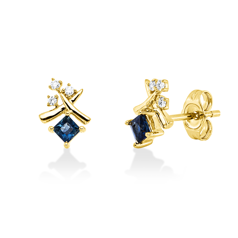 Ohrstecker 14 kt GG, 6 Brill. 0,07 ct, W-si/pi, 2 Saphire 0,46 ct blau