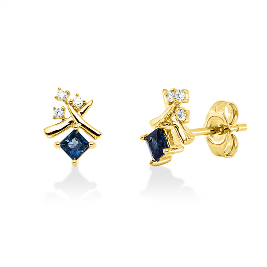 Ohrstecker 14 kt GG, 6 Brill. 0,07 ct, W-si/pi, 2 Saphire 0,46 ct blau