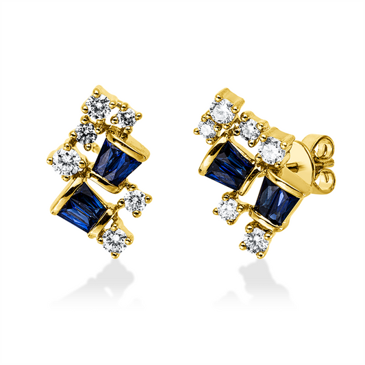 Ohrstecker 14 kt GG, 6 Brill. 0,35 ct, W-si/pi, 6 Brill. 0,18 ct, W-si/pi, 8 Saphire 0,69 ct blau
