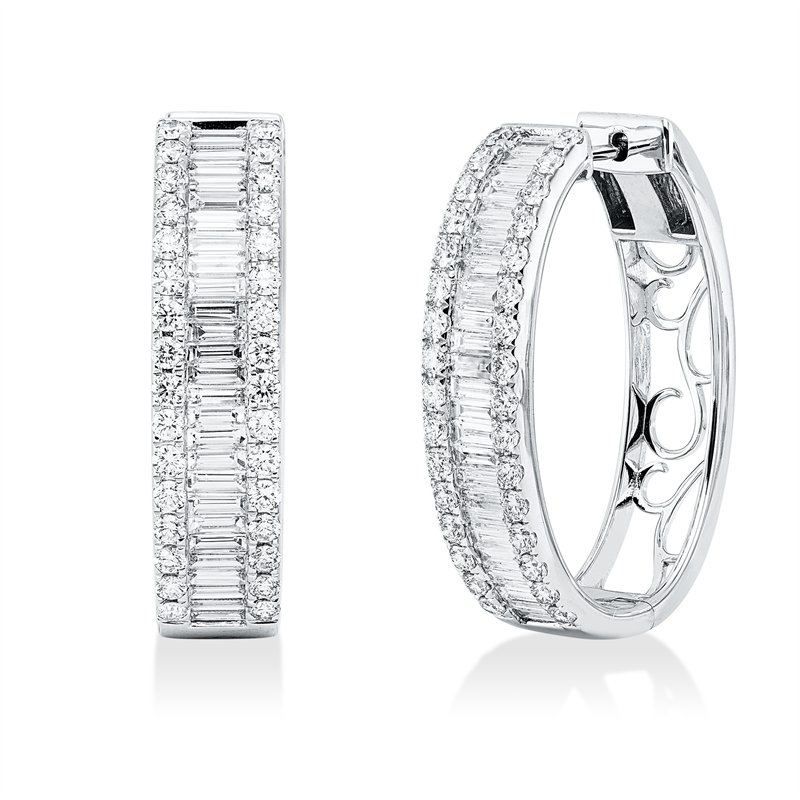 Creolen 18 kt WG, 64 Bag. 1,51 ct, F-vsi/si, 51 Brill. 1,99 ct, F-vsi/si