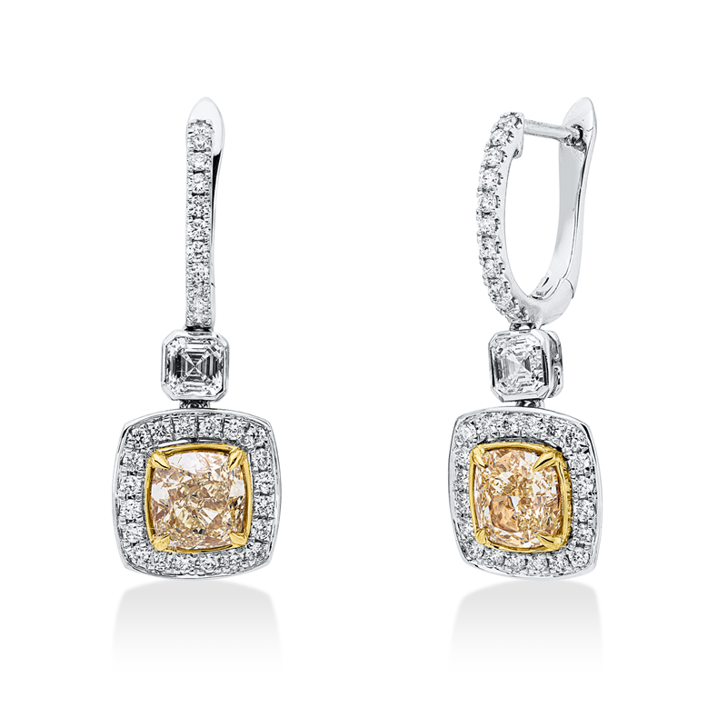 18kt WG+GG, GIA, 2 Assher 0,42 ct, TW-vsi, 62 Brill. 0,40 ct, TW-si, 2 Cushion 2,00 ct, gelb-vsi