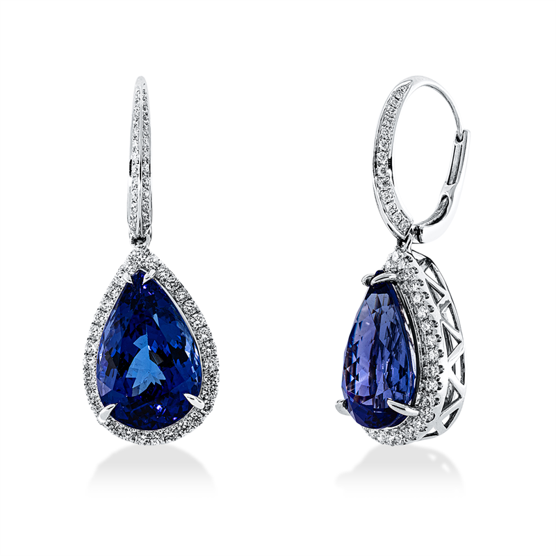 Ohrschmuck 18 kt WG, 114 Brill. 1,10 ct, TW-si, 2 Tansanit 16,51 ct blau