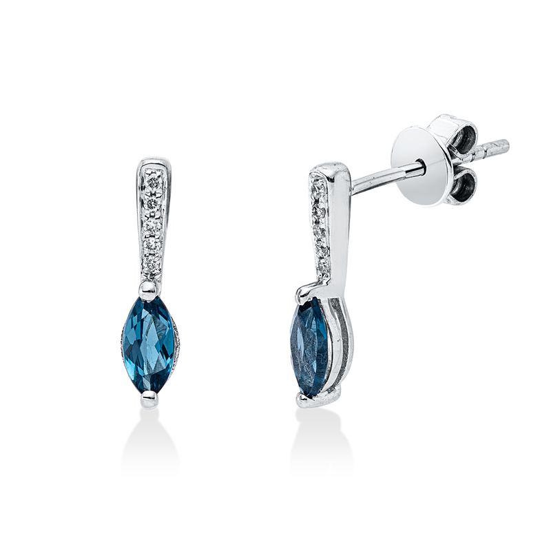 Ohrschmuck 14 kt WG, 10 Brill. 0,04 ct, TW-pi, 2 Topase 0,49 ct Lond. blue