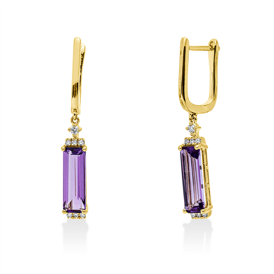 Ohrschmuck 14 kt GG, 2 Brill. 0,03 ct, W-si, 12 Brill. 0,07 ct, W-si, 2 Amethyste 2,55 ct lila