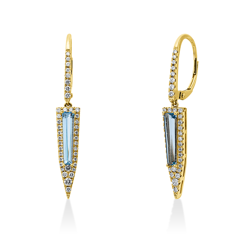 Ohrschmuck 14 kt GG, 14 Brill. 0,17 ct, W-si/pi, 64 Brill. 0,30 ct, W-si/pi, 2 Topase 1,58 ct blau