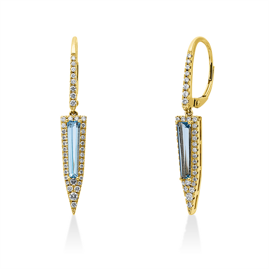 Ohrschmuck 14 kt GG, 14 Brill. 0,17 ct, W-si/pi, 64 Brill. 0,30 ct, W-si/pi, 2 Topase 1,58 ct blau