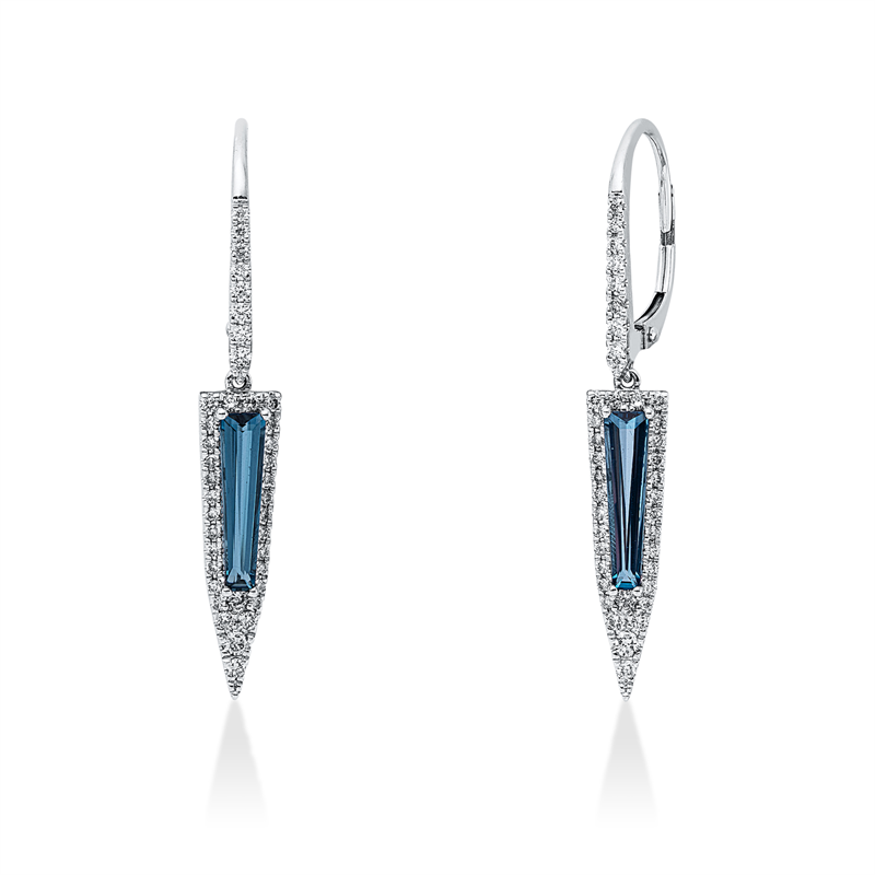 Ohrschmuck 14 kt WG, 14 Brill. 0,17 ct, W-si, 64 Brill. 0,33 ct, W-si, 2 Topase 1,57 ct Lond. blue