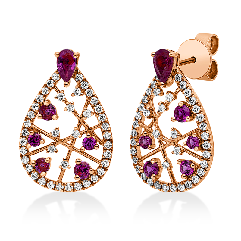 Ohrschmuck 18 kt RG, 80 Brill. 0,53 ct, TW-si, 2 Rubine 0,45 ct rot, 10 Rubine 0,64 ct rot