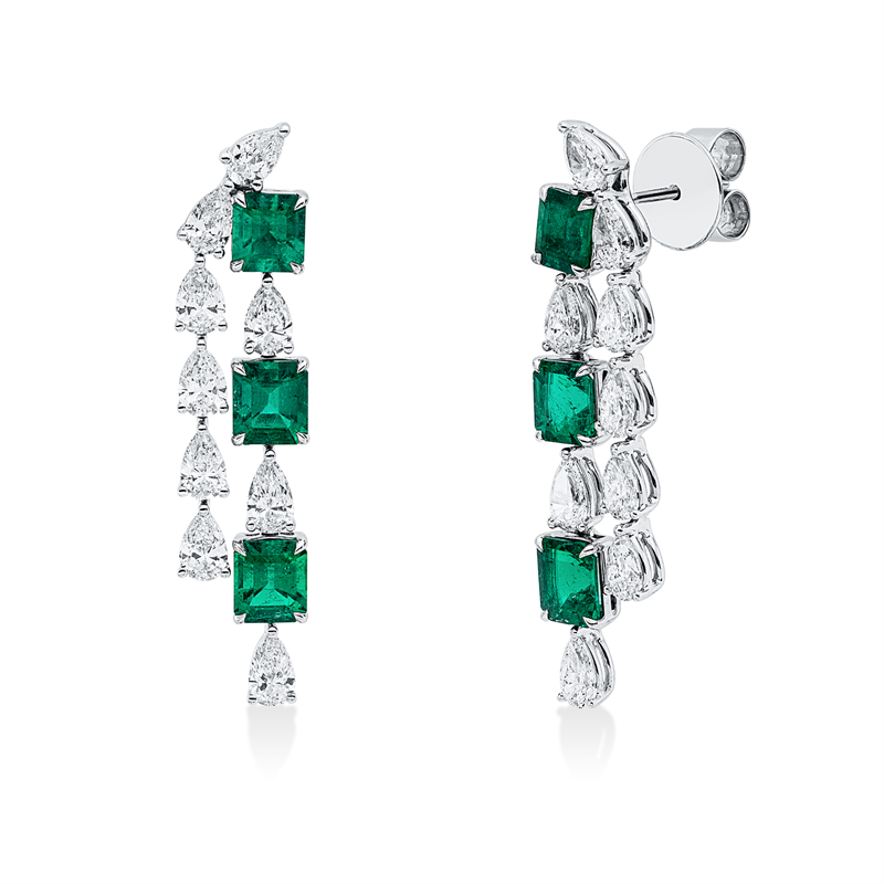 Ohrschmuck 18 kt WG, 18 Tropfen 3,26 ct, F-vvs/vs, 6 Smaragde 3,65 ct grün