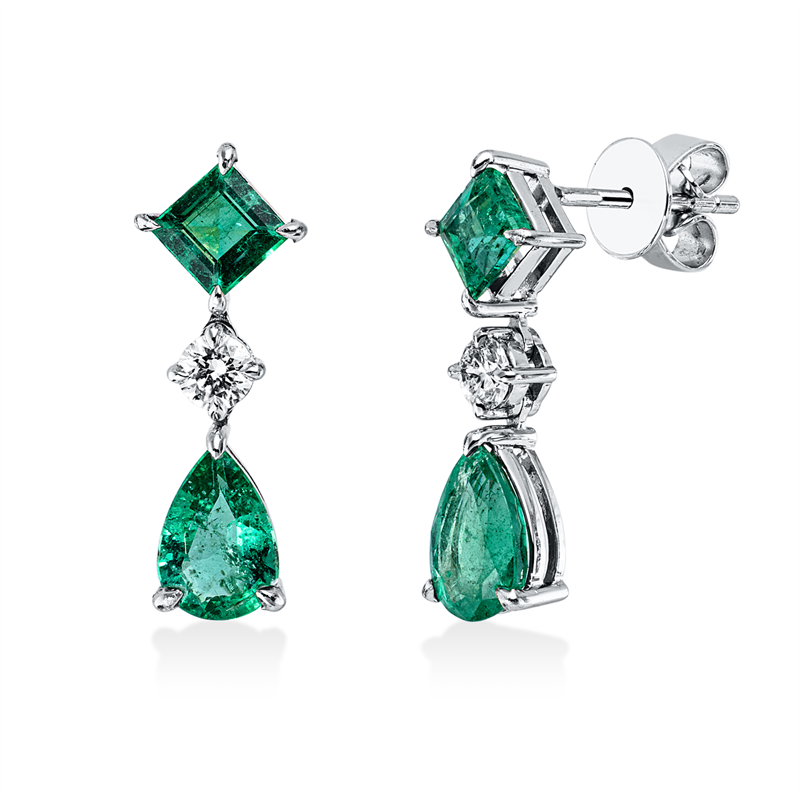 Ohrschmuck 18 kt WG, 2 Brill. 0,18 ct, F-vsi, 4 Smaragde 1,83 ct grün