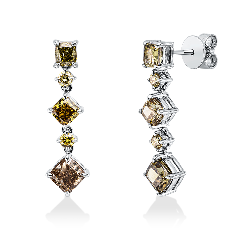 Ohrschmuck 18 kt WG, 6 Fant-Schl. 2,59 ct, braun, 4 Brill. 0,26 ct, gelb