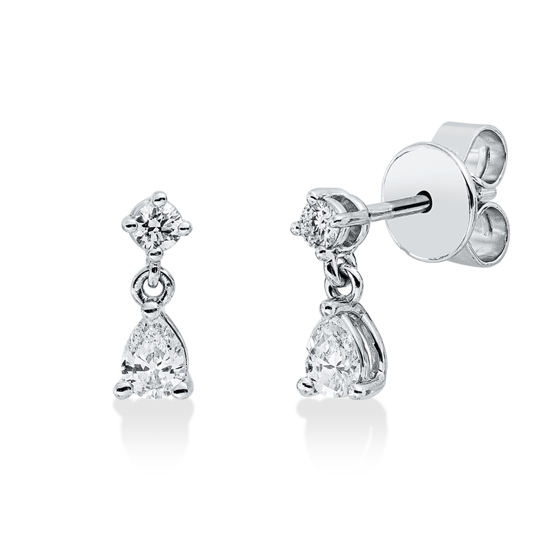 Ohrstecker 18 kt WG, 2 Tropfen 0,29 ct, TW-vsi, 2 Brill. 0,11 ct, TW-vsi