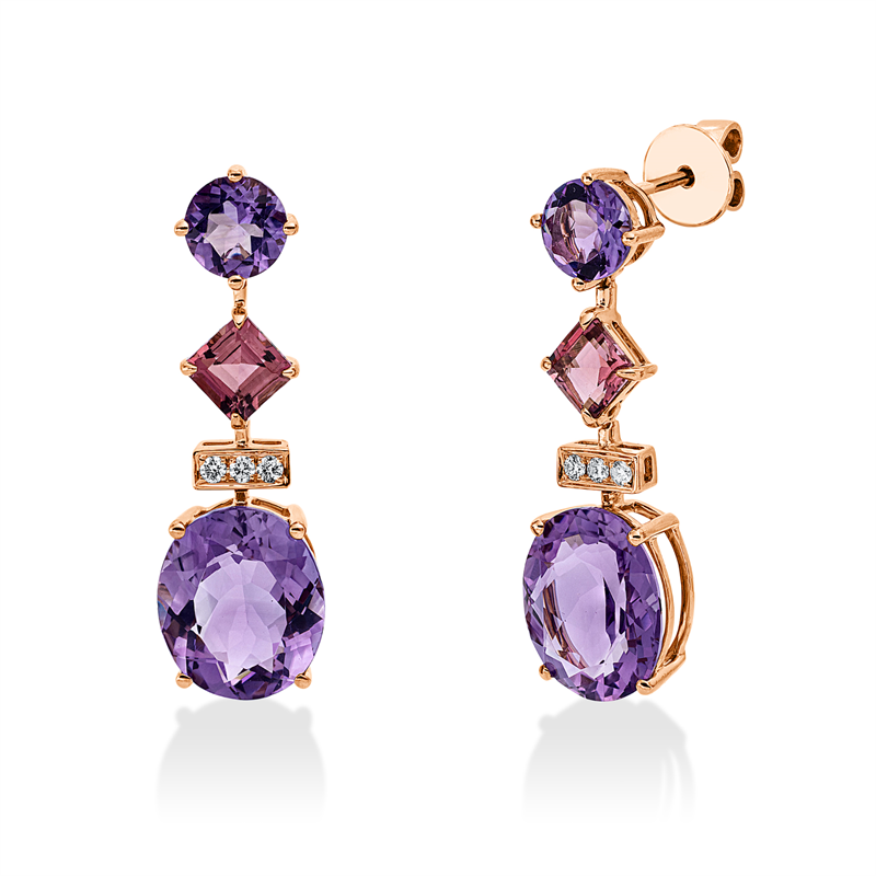 Ohrschmuck 18 kt RG, 6 Brill. 0,11ct, TW-si, 2 Am 1,60ct pink, 2 Am 8,80ct pink, 2 Turmalin 1,50ct pink