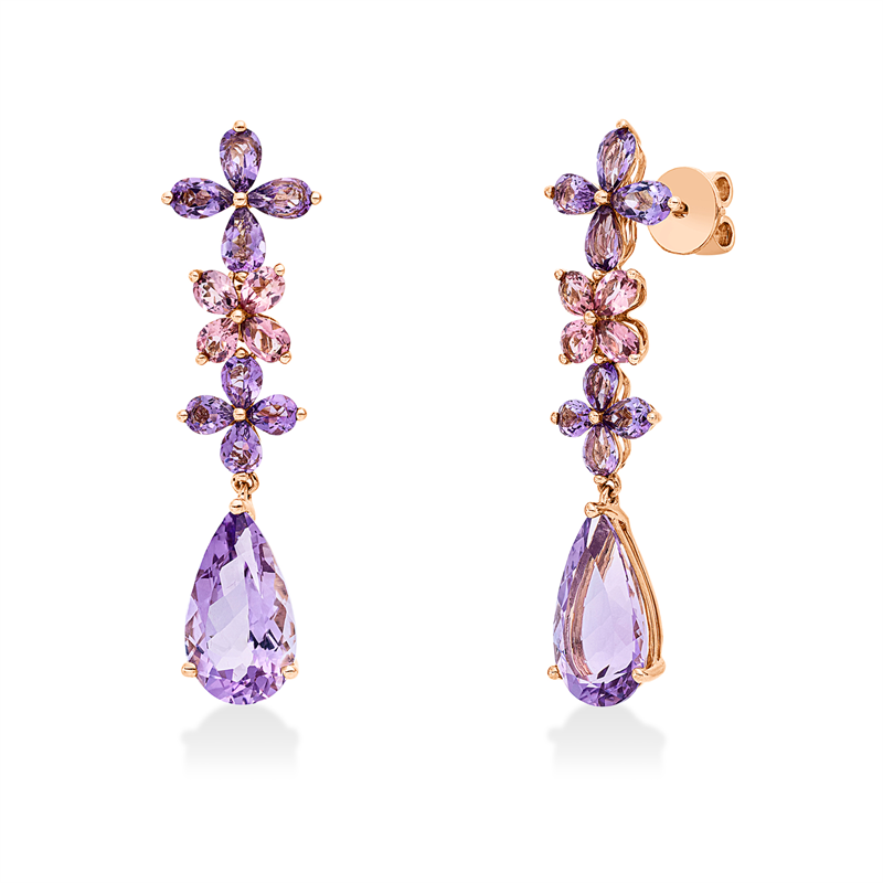 Ohrschmuck 18 kt RG, 16 Amethyste 2,40 ct pink, 2 Amethyste 6,40 ct pink, 8 Turmalin 1,30 ct pink
