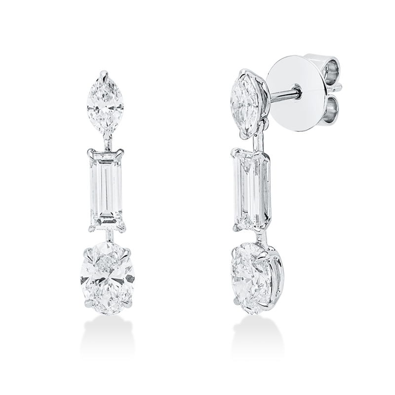 Ohrschmuck 18 kt WG, 2 Oval 1,00 ct, D/F-vvs, 2 Bag. 0,63 ct, TW-vvs/vs, 2 Nav. 0,34 ct, D/F-vsi/si