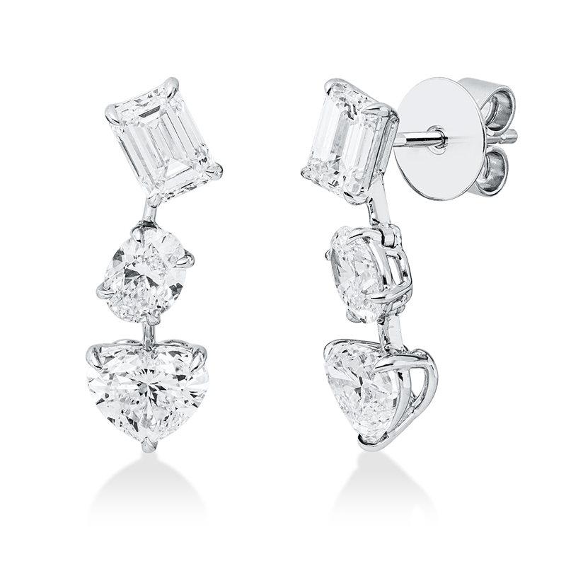 Ohrschmuck 18 kt WG, 2 Herzschl. 1,41 ct, 2 Oval 0,61 ct, D/F-vvs, 2 Sm.schliff 1,03 ct, TW-vsi