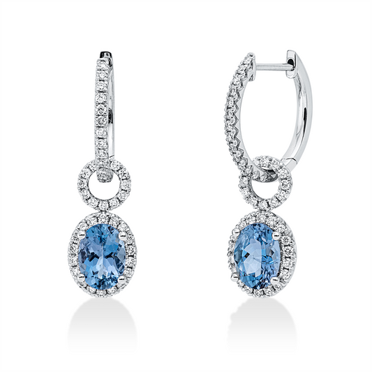 Ohrschmuck 18 kt WG, 86 Brill. 0,46 ct, TW-vsi, 2 Aquamarin 1,65 ct blau