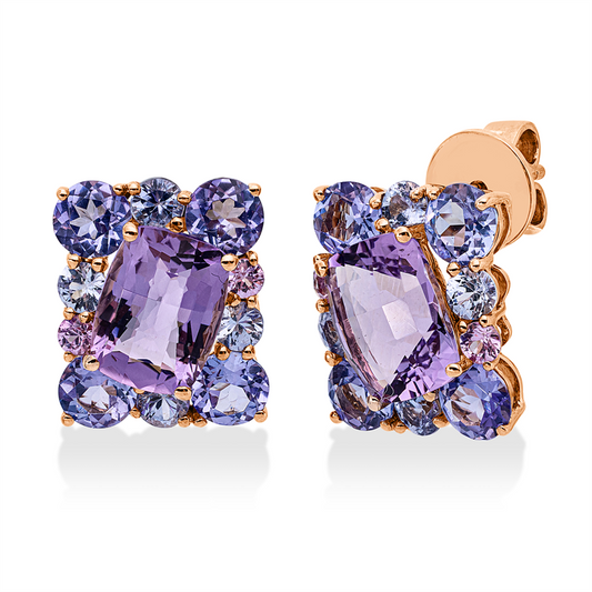 Ohrstecker 18 kt RG, 12 Saphire 1,14 ct multicolor, 8 Tansanit 2,40 ct blau, 2 Amethyste 3,00 ct pink