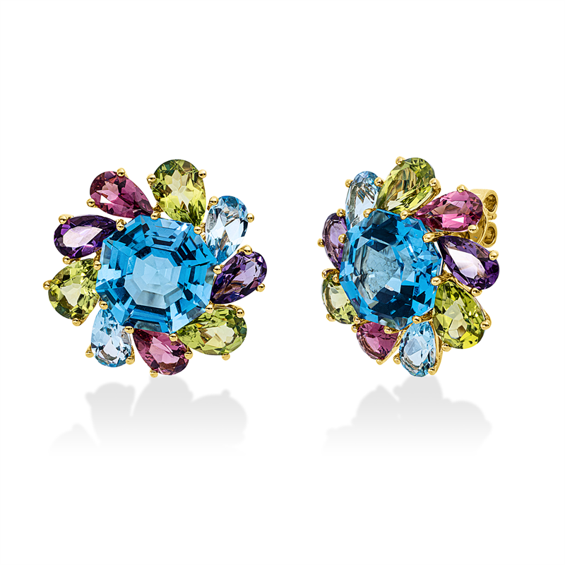 Ohrstecker 18 kt GG, 18 Farbsteine 10,30 ct multicolor, 2 Topase 13,60 ct blau