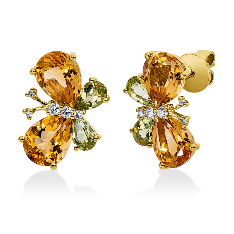 Ohrstecker 18 kt GG, 10 Brill. 0,17 ct, TW-si, 4 Citrin 6,10 ct gelb, 4 Peridot 1,80 ct grün