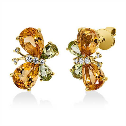 Ohrstecker 18 kt GG, 10 Brill. 0,17 ct, TW-si, 4 Citrin 6,10 ct gelb, 4 Peridot 1,80 ct grün