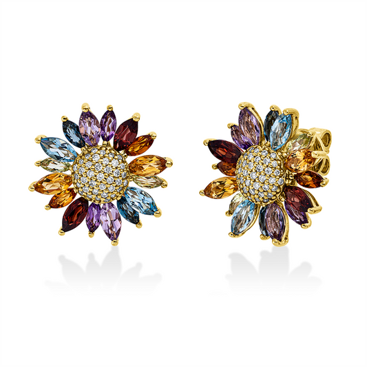 Ohrstecker 18 kt GG, 74 Brill. 0,26 ct, TW-si, 32 Farbsteine 4,30 ct multicolor