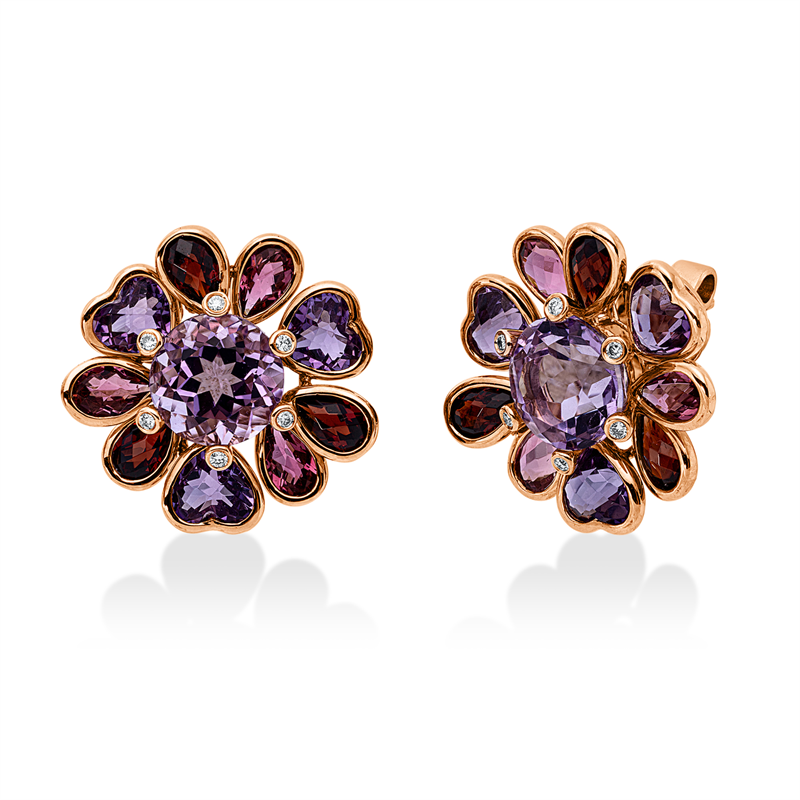 Ohrstecker 18 kt RG, 12 Brill. 0,07 ct, TW-pi, 2 Amethyste 4,00 ct pink, 18 Farbsteine 5,70 ct multicolor
