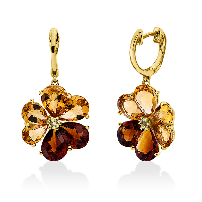 Ohrschmuck 18 kt GG, 8 Citrin 6,00 ct gelb, 4 Citrin 3,90 ct mandarin, 2 Peridot 0,20 ct grün