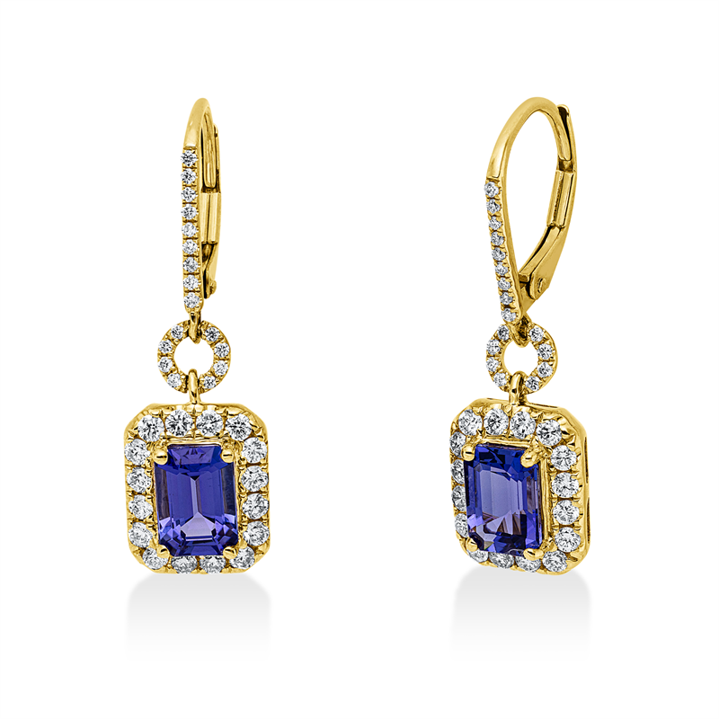 Ohrschmuck 14 kt GG+WG, 66 Brill. 0,69 ct, TW-si, 2 Tansanit 2,04 ct blau
